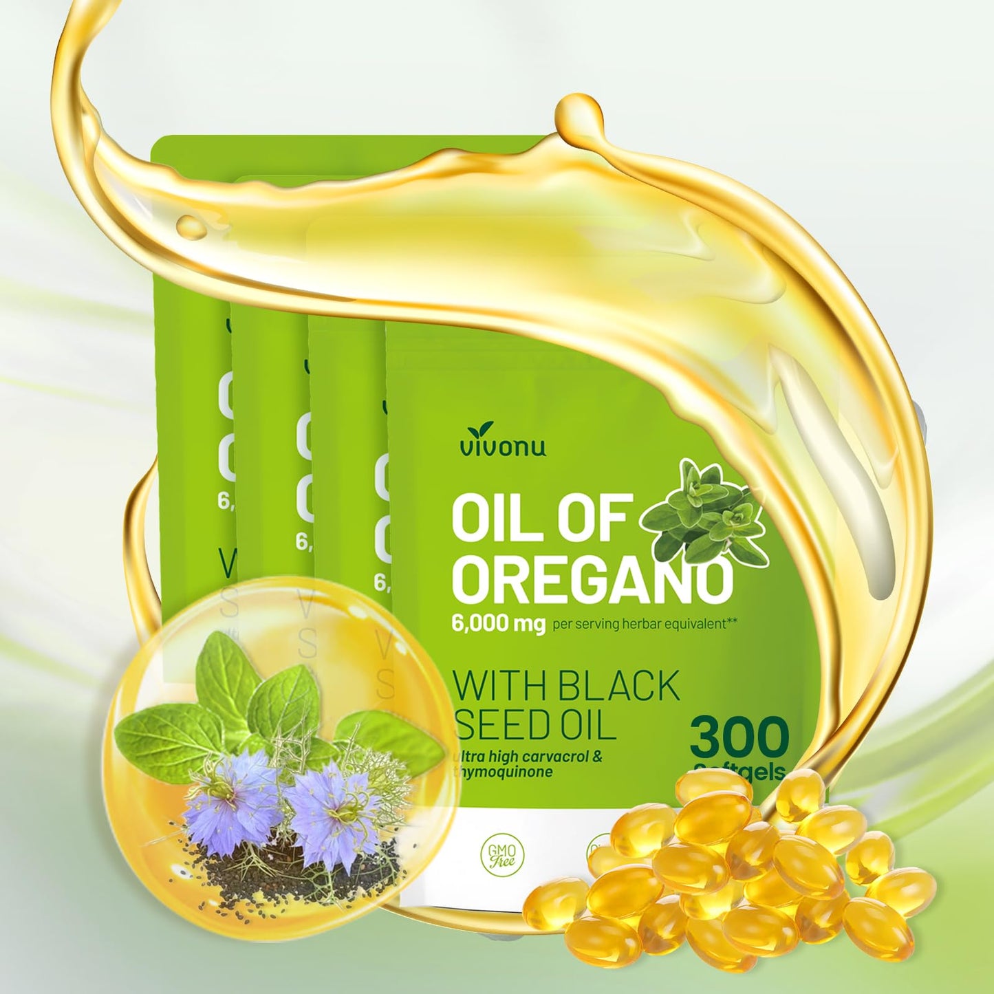 VivoNu Oil of Oregano Capsules, Balanced Oil of Oregano with Black Seed Oil, Organic OreganoOil Softgels,Carvacrol,Thymoquinone, Non-GMO (600pcs/2Bags)