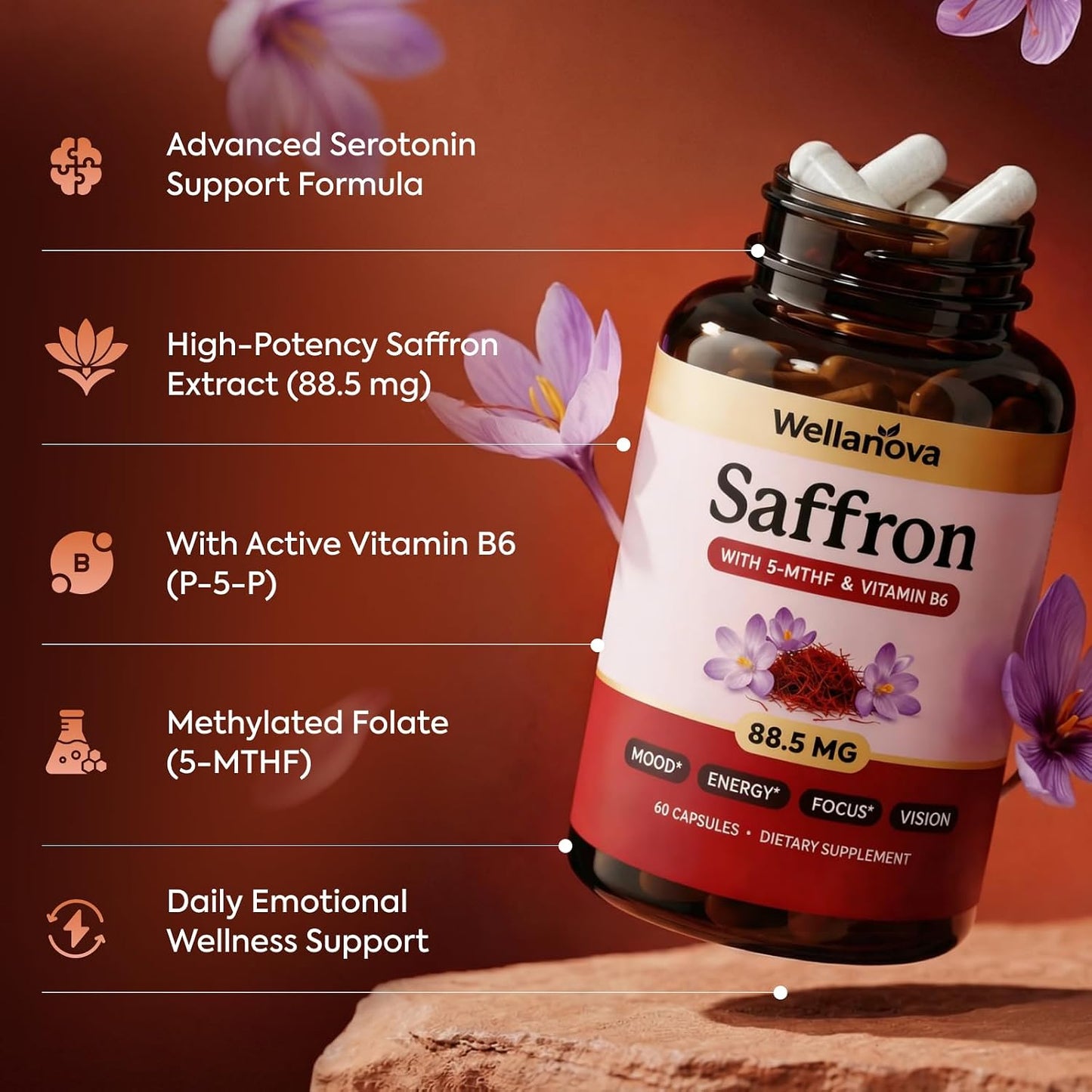 Saffron Supplements – 88.5 mg – 100% Pure Extract with Methylated Folate | Methylated Folate 5-MTHF & Vitamin B6, Mood, Focus, Vision & Energy Support, 60 Capsules