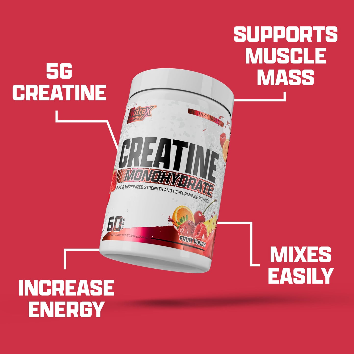 Nutrex Research Flavored Creatine Powder, Fruit Punch | 5g Creatine, Mixes Easily | Supports Energy, Muscle Growth, Energy and Performance | 60 Servings (60 Servings, Fruit Punch)