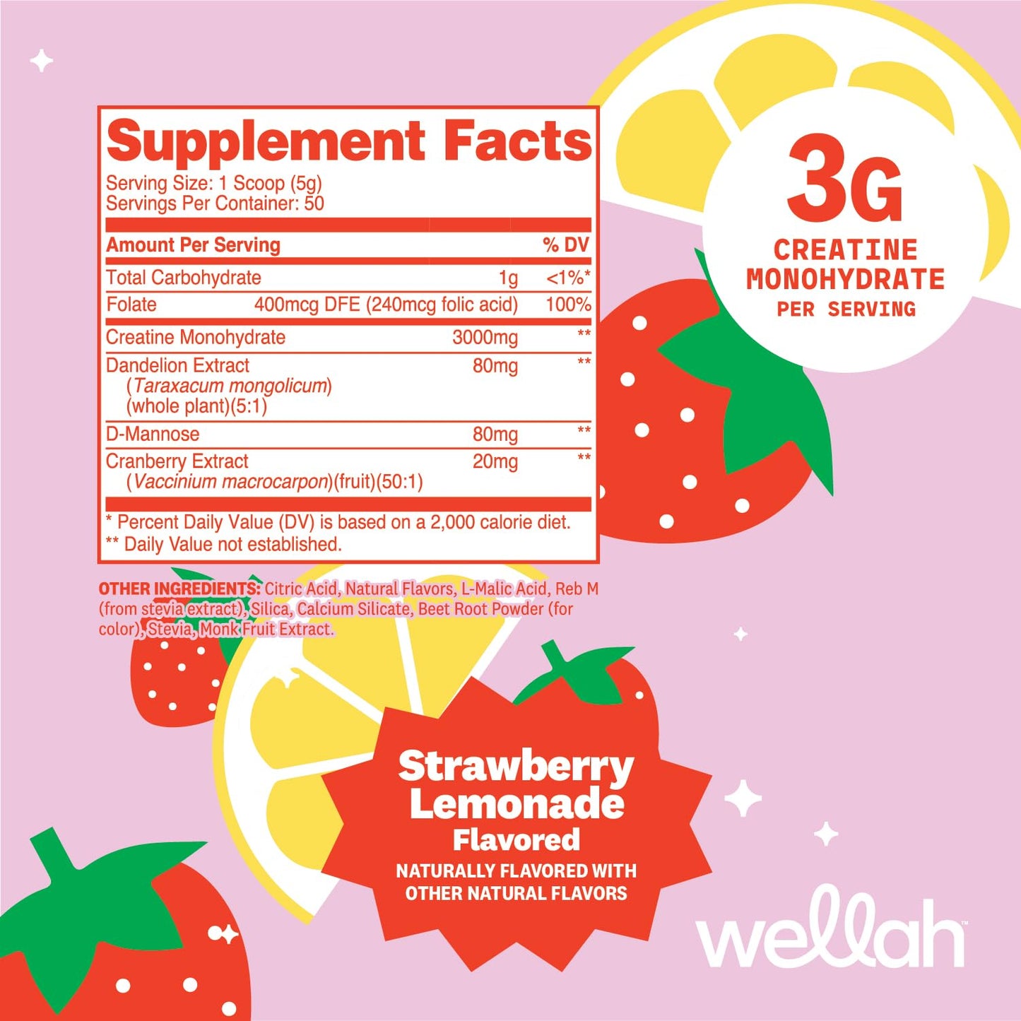 Wellah Creatine for Women - Creatine Monohydrate with Dandelion & Cranberry Extract (50 Servings, Strawberry Lemonade) | Creatine Monohydrate with Dandelion & Cranberry Extract