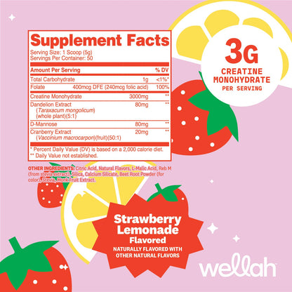 Wellah Creatine for Women - Creatine Monohydrate with Dandelion & Cranberry Extract (50 Servings, Strawberry Lemonade) | Creatine Monohydrate with Dandelion & Cranberry Extract