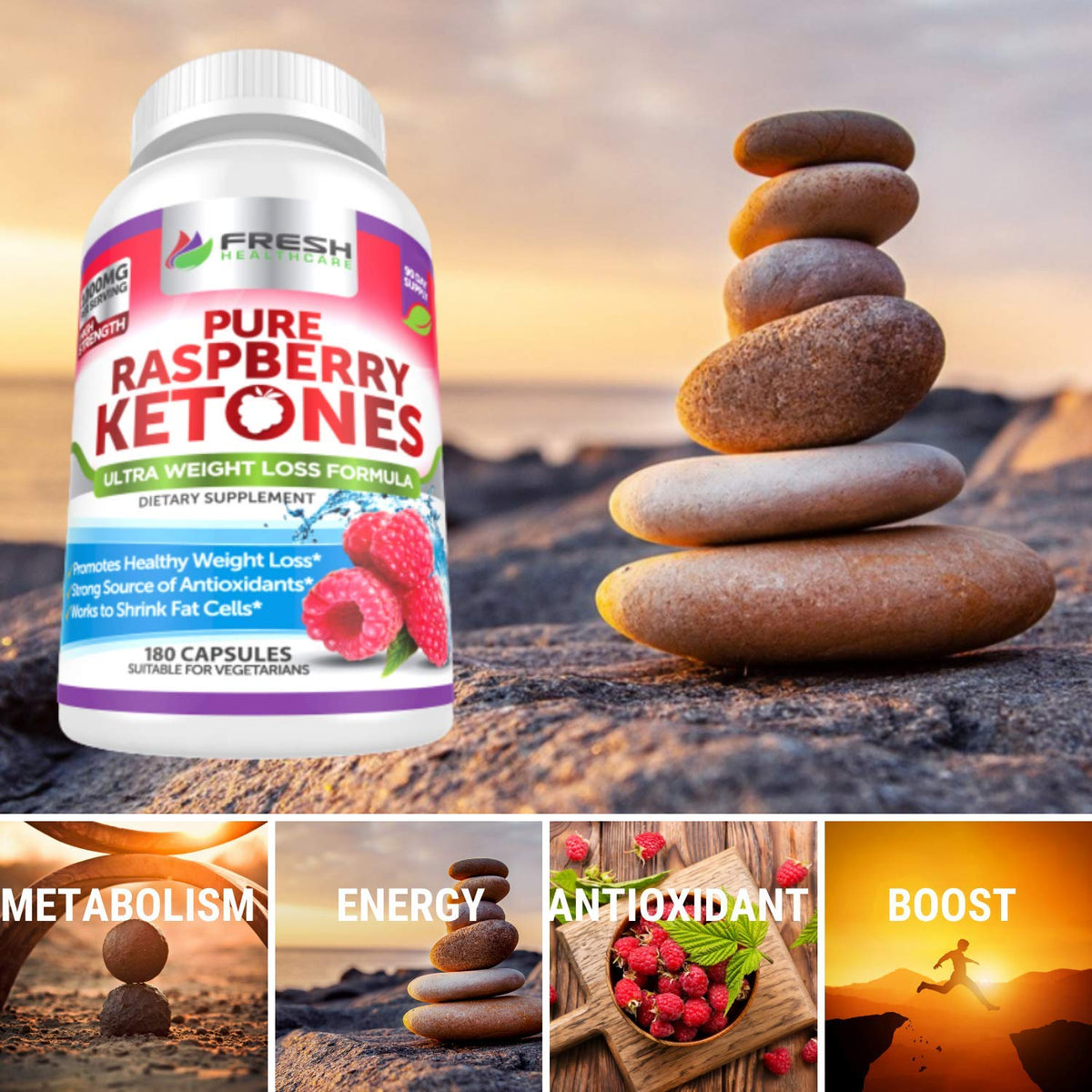 FRESH HEALTHCARE Pure 100% Raspberry Ketones Max 1000mg Per Serving - 3 Month
