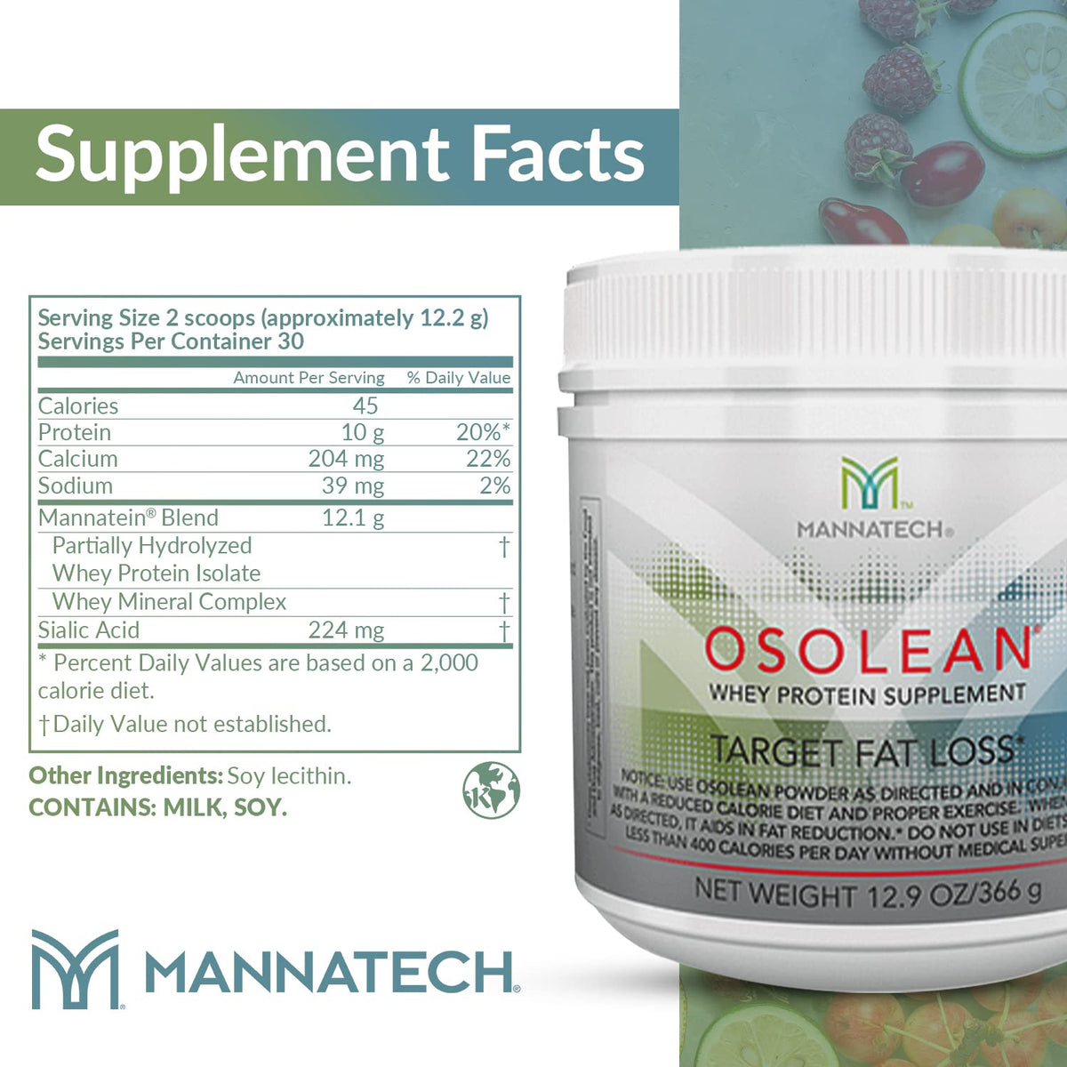 Protein Powder, Mannatech OsoLean (Canister) 12.9 oz Whey Protein Supplement, Build