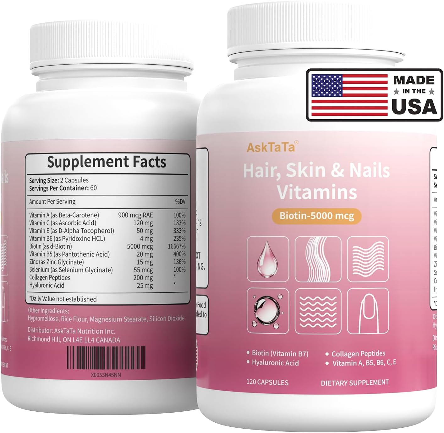 Hair Skin & Nails Vitamins Supplement for Women,with Biotin,Collagen Peptides,Hyaluronic Acid,Vitamin A, C, E, B5,B6,Support Skin Moisture and Suppleness,Hair and Nails Health,120 Capsules
