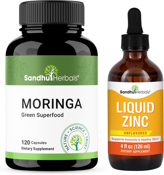 SANDHUHERBALS Moringa Capsules (120 Count) & Liquid Zinc Drops (4 Fl Oz) | Supports Immune, Gut & Skin Health