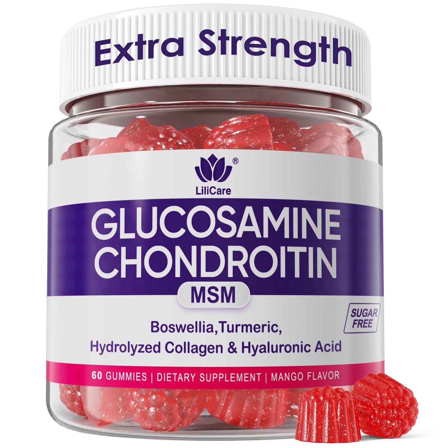 Glucosamine Chondroitin Gummies, Sugar Free Glucosamine Chondroitin MSM Supplement, Extra Strength with Boswellia Turmeric, Hydrolyzed Collagen & Hyaluronic Acid, Bone Health for Men & Women, 120 Cts