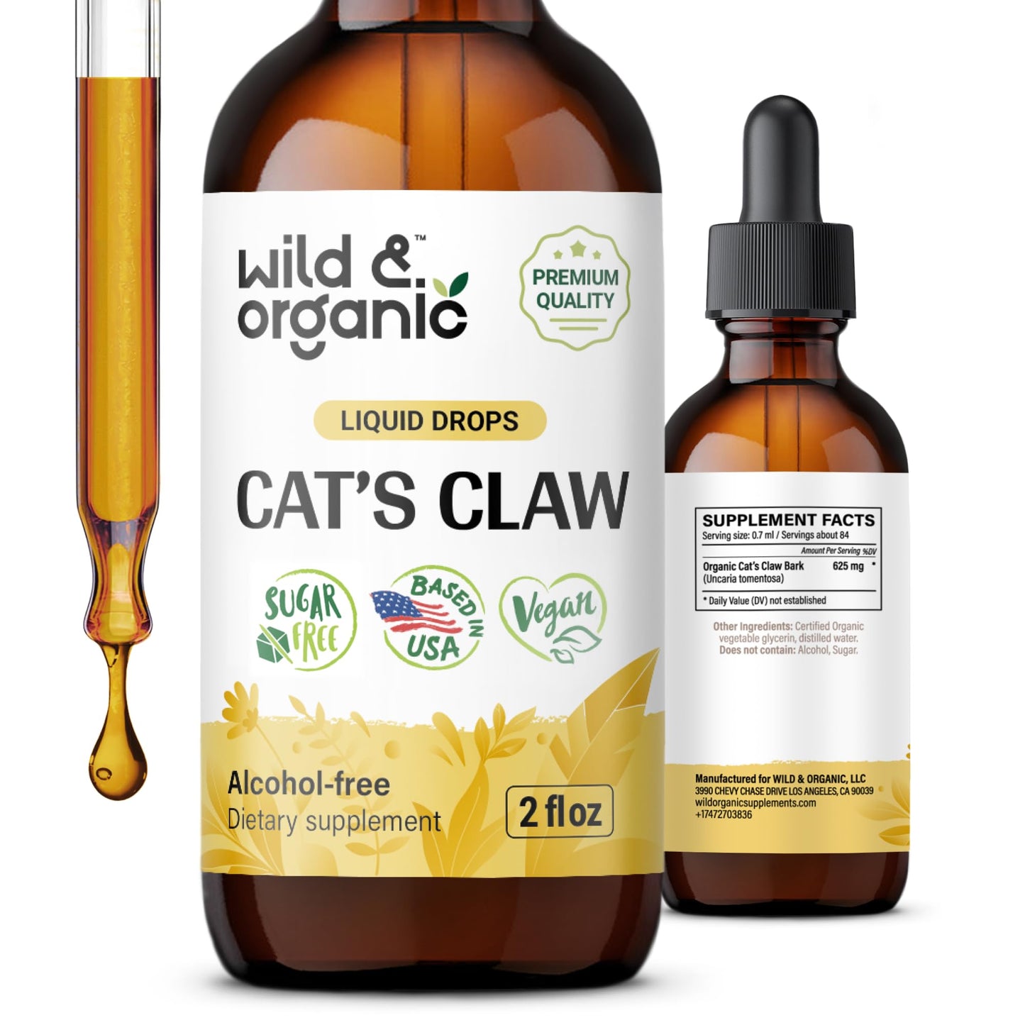 Wild & Organic Cats Claw Herb Supplement - Immune Support - Pure Cats Claw Tincture - Add to Tea Liquid Drops - Uncaria Tomentosa Bark - Vegan, Sugar & Alcohol-Free - 4 fl oz