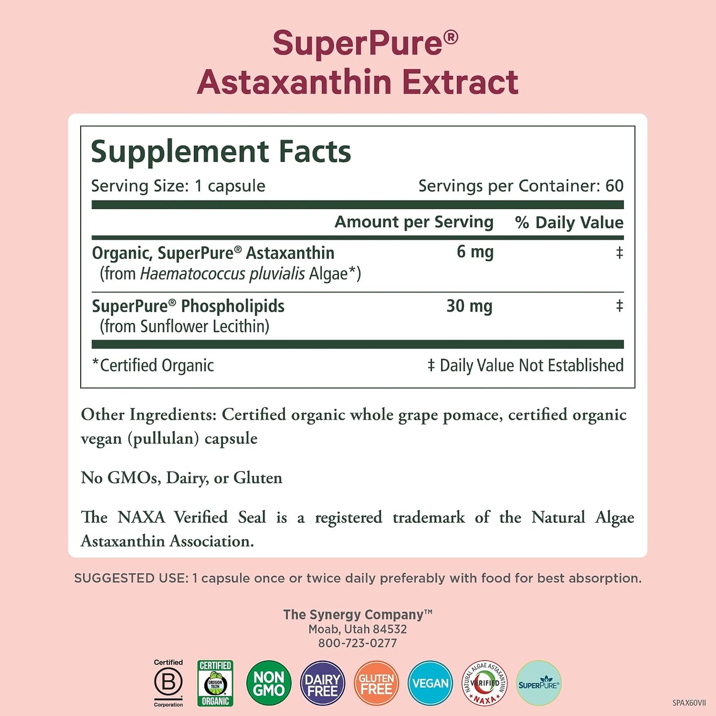 PURE SYNERGY SuperPure Astaxanthin Extract | Organic Astaxanthin from Algae with Sunflower Lecithin | Antioxidant Support for Skin and Eye Health (60 Capsules)