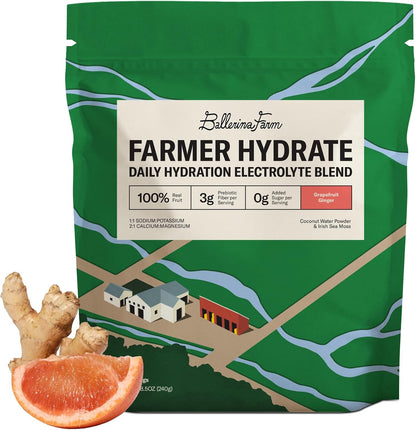 Ballerina Farm Farmer Hydrate Grapefruit Ginger Electrolytes Powder | Organic Coconut Water, Irish Sea Moss, French Sea Salt, No Added Sugar, Prebiotic Fiber, 25 Servings