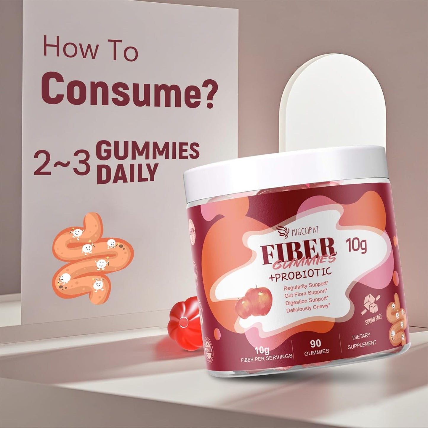 Migcopat Fiber Gummies with Probiotics,10G Fiber per Serving No Sugar Added Apple Flavor, with 10 Billion CFU Probiotics Blend, Apple Cider Vinegar, Vitamin C, Inulin, Bloating Support 90 Count