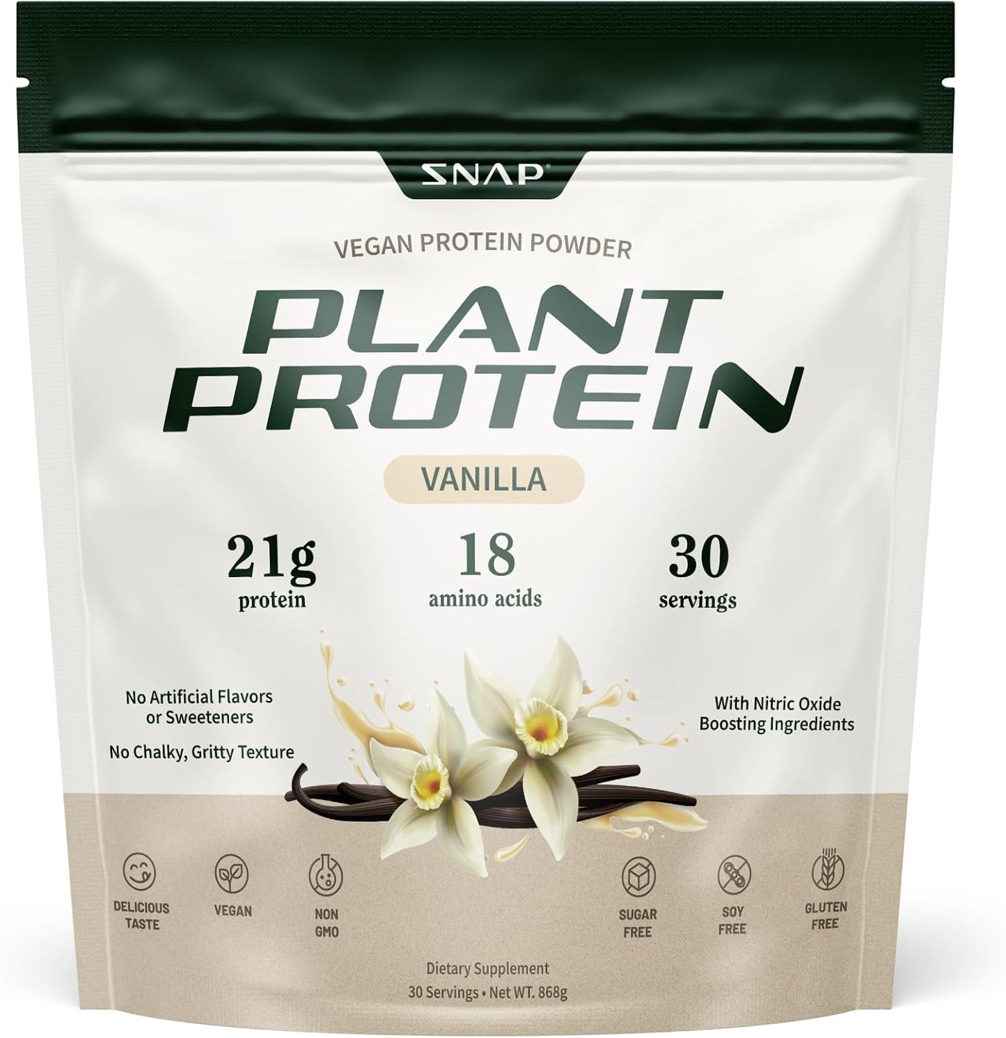 Snap Supplements Plant Based Vegan Protein Powder, Vanilla, 30 Servings