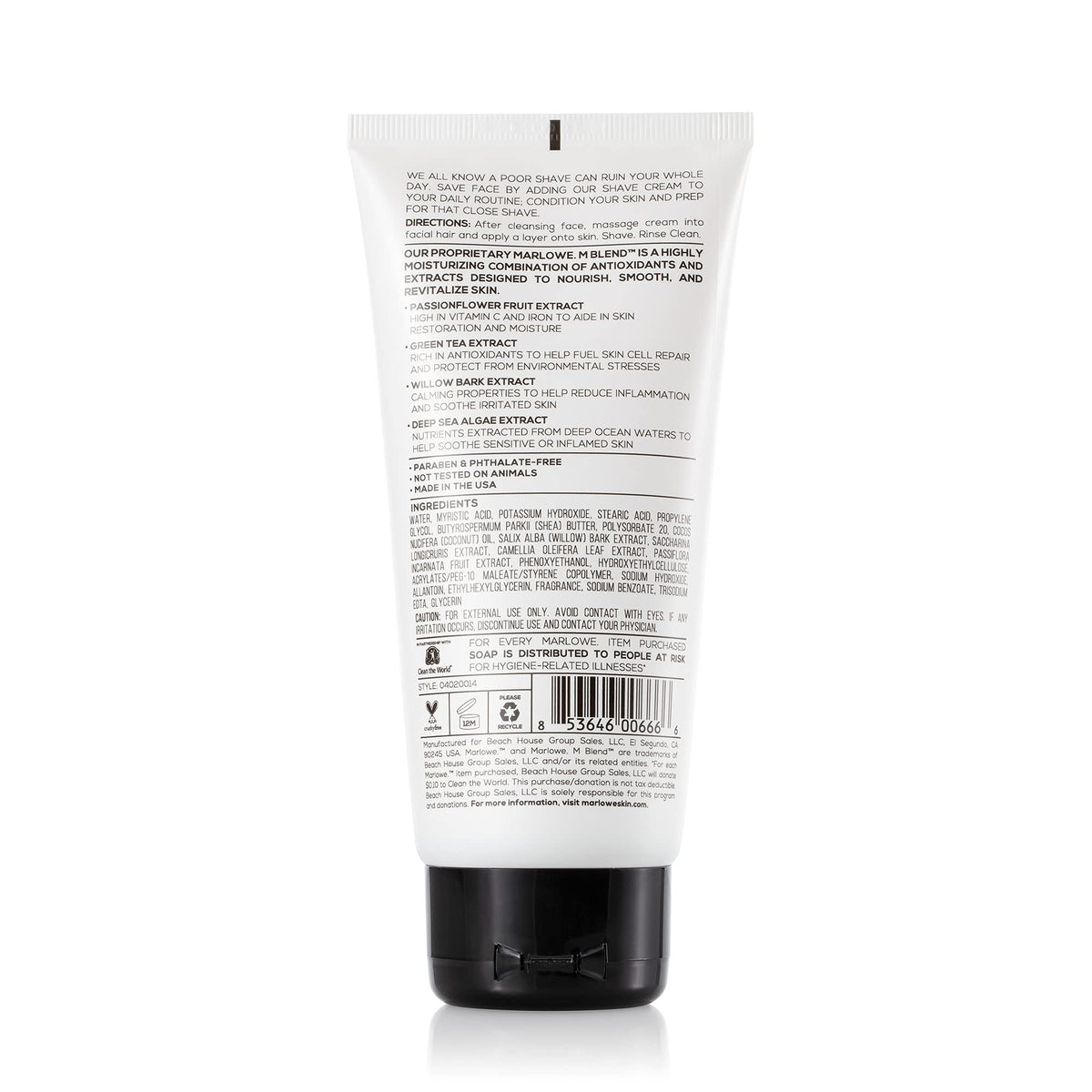 MARLOWE. No. 141 Shave Cream 6 oz, with Shea Butter & Coconut Oil, Conditioning Shaving
