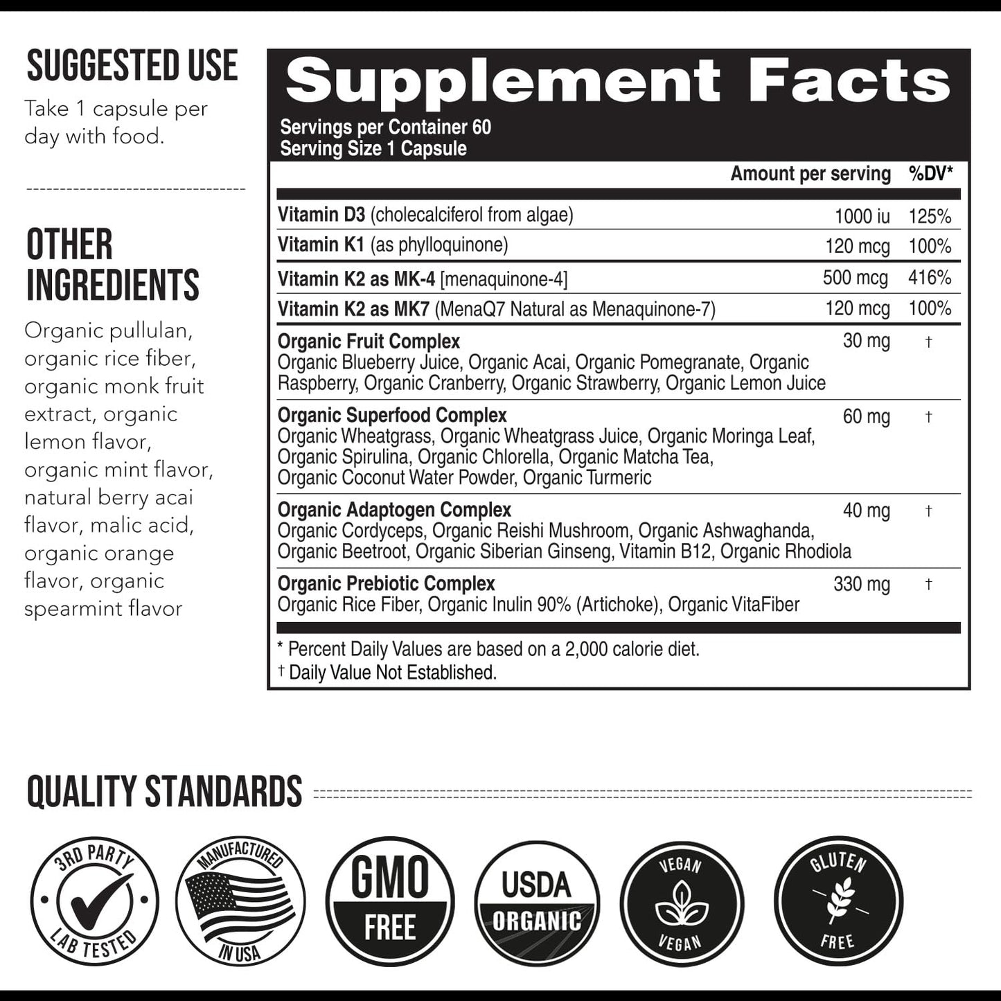 Total K2® | Vitamin K2 as MK7 & MK4 | Plus K1 & Vitamin D3 Cofactor - 620 mcg K2 per Serving - All-Trans MK7 from MenaQ7® - Full-Spectrum Vitamin K - Vegan, Organic Certified (60 Capsules)