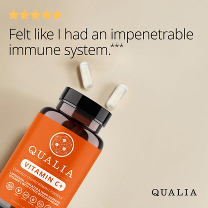 Qualia Vitamin C+ | Clinically Studied, Doctor Formulated | 7 High-Absorption Forms Including Liposomal PureWay-C®, Chelated & Food-Sourced with Citrus Bioflavonoids, Zinc, & Rose Hips | 500 mg