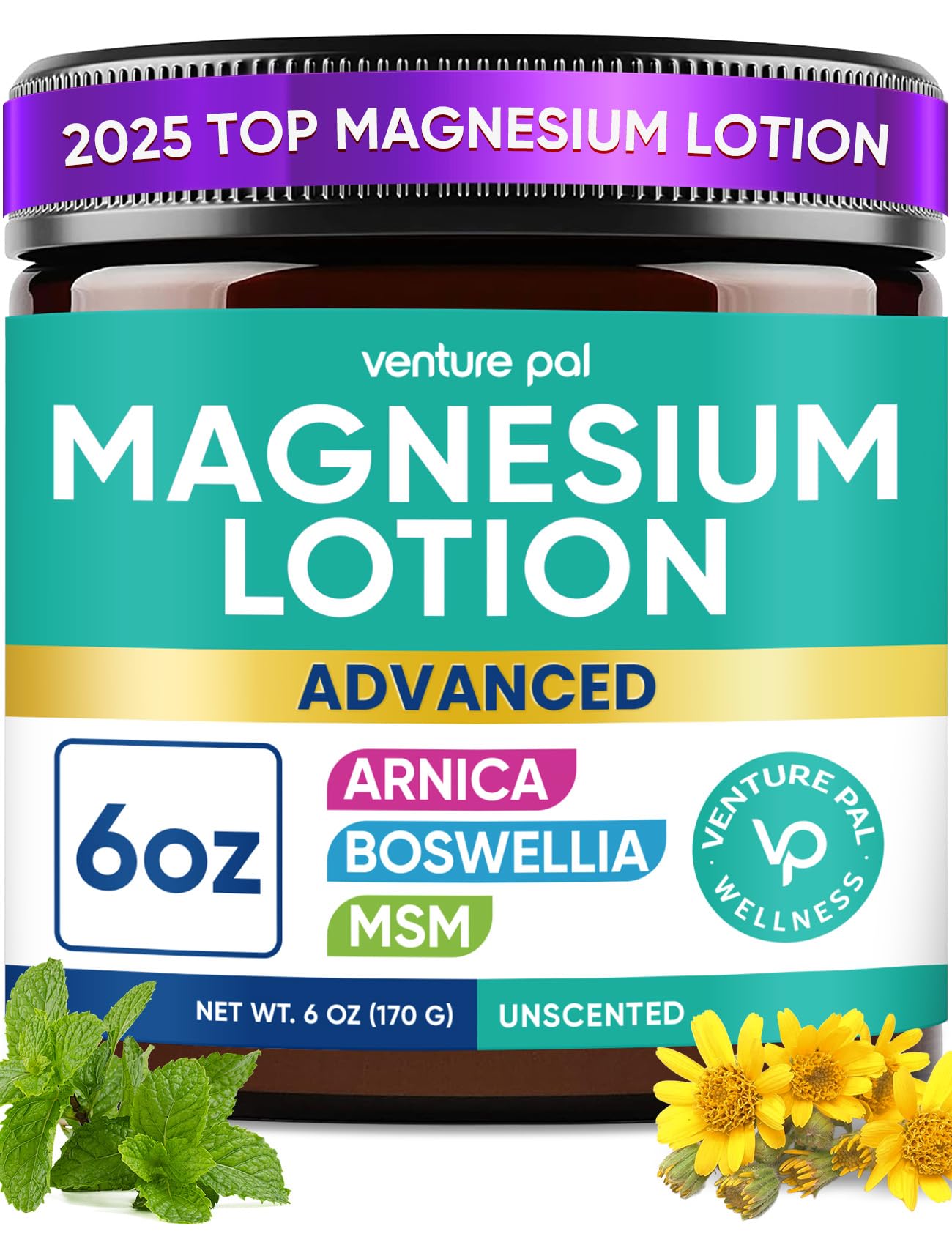 Magnesium Lotion with Arnica, MSM & Boswellia – Safe for Kids – 6 fl oz | Cooling Magnesium Cream – Lightweight Moisturizing Lotion for Legs & Feet