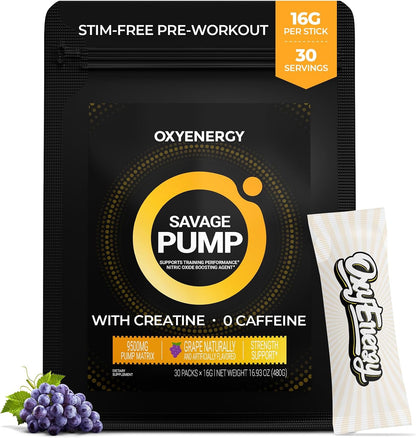 OxyEnergy Max Pump Stim-Free Pre Workout Powder for Men & Women, Nitric Oxide Booster, Grape Flavor, 30 Stick Packs Blood Flow & Energy with L-Citrulline, Beta Alanine, Creatine