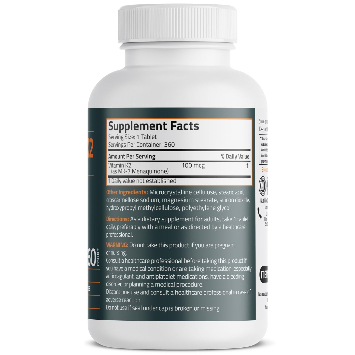 Bronson Vitamin K2 MK-7 100 MCG, K2 as MK7 Menaquinone, Bone Support Non-GMO, 120 Tablets