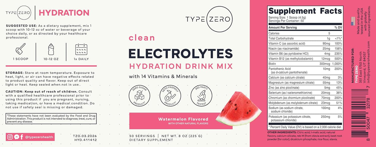 Type Zero Clean Electrolytes Hydration Powder (Watermelon) 50 Servings