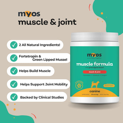MYOS Canine Muscle & Joint Support Bundle – Fortetropin Powder with Green Lipped Mussel (396g) + Bacon-Flavored Mobility Chews with Collagen & Glucosamine (60 Count)
