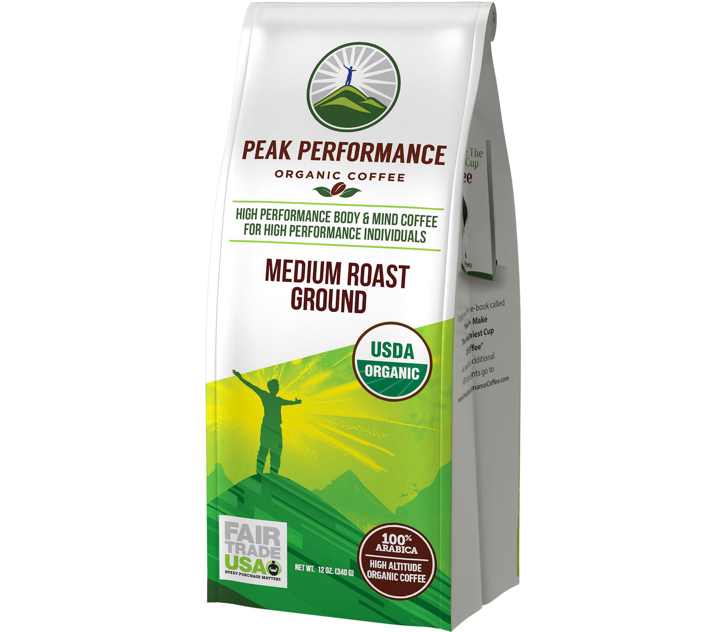 Peak Performance High Altitude Organic Coffee - Fair Trade, Low Acid, Non GMO, and Beans Full of Antioxidants - Medium Roast Smooth Tasting USDA Certified Organic Ground Coffee Bag 12 oz