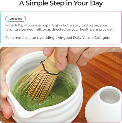 Livingood Daily Matcha + Moringa Powder, 30 Servings - 2in1 Matcha Powder and Moringa Supplement for Radiant Skin - Instant Green Tea with L Theanine - Vegan, Gluten Free, Non GMO - Made in USA