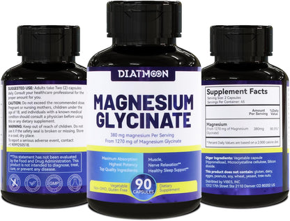 Magnesium Glycinate Capsules 380mg Organic Chelated Vegan 90 Counts GMP | Gentle & Efficient Absorption, Support Sleep Muscle Bone Heart Health, Stress Relief, Filler Free, Non GMO, Gluten Free