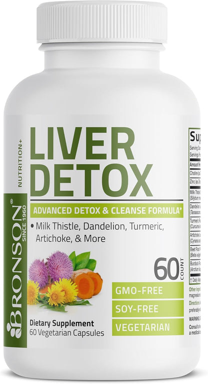 Bronson Liver Detox Advanced Detox & Cleansing Formula 60 Capsules | Liver Health Support with Milk Thistle, Dandelion Extract, Turmeric, Artichoke Leaf & Beet Root, Non-GMO, Soy-Free