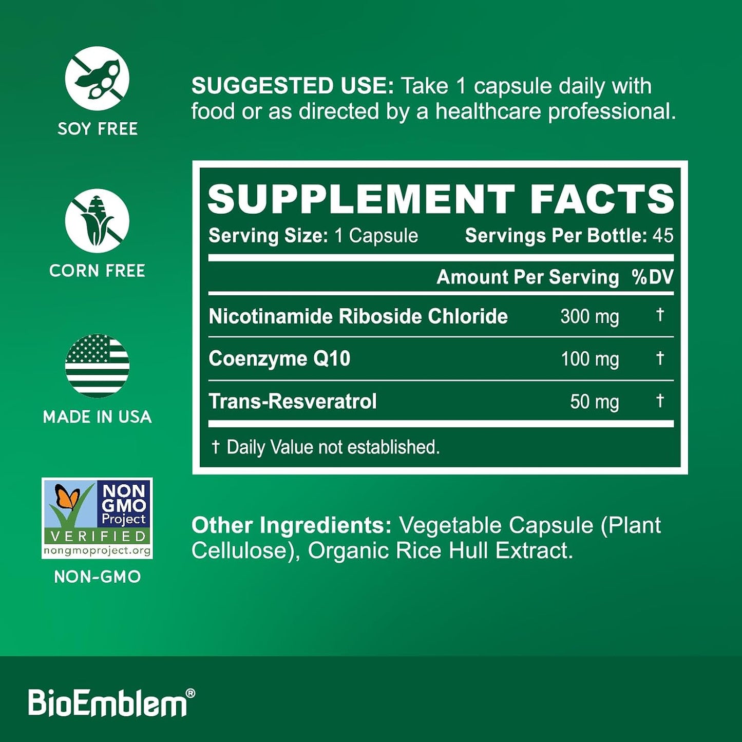 BioEmblem NAD+ Supplement | 300 mg Nicotinamide Riboside with CoQ10 & Resveratrol | Supports Healthy Aging, Cellular Energy and Cognitive Function | Non-GMO, Gluten Free - 45 Capsules