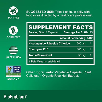BioEmblem NAD+ Supplement | 300 mg Nicotinamide Riboside with CoQ10 & Resveratrol | Supports Healthy Aging, Cellular Energy and Cognitive Function | Non-GMO, Gluten Free - 45 Capsules
