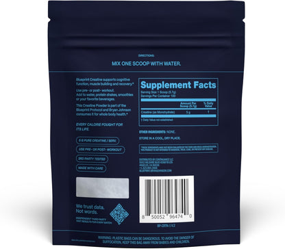 Blueprint Bryan Johnson Creatine Monohydrate Powder – Amino Acid Powder - Supplement Supports Muscle Recovery, Strength & Focus – Unflavored Creatine for Women & Men – 5g Dose – 100 Servings