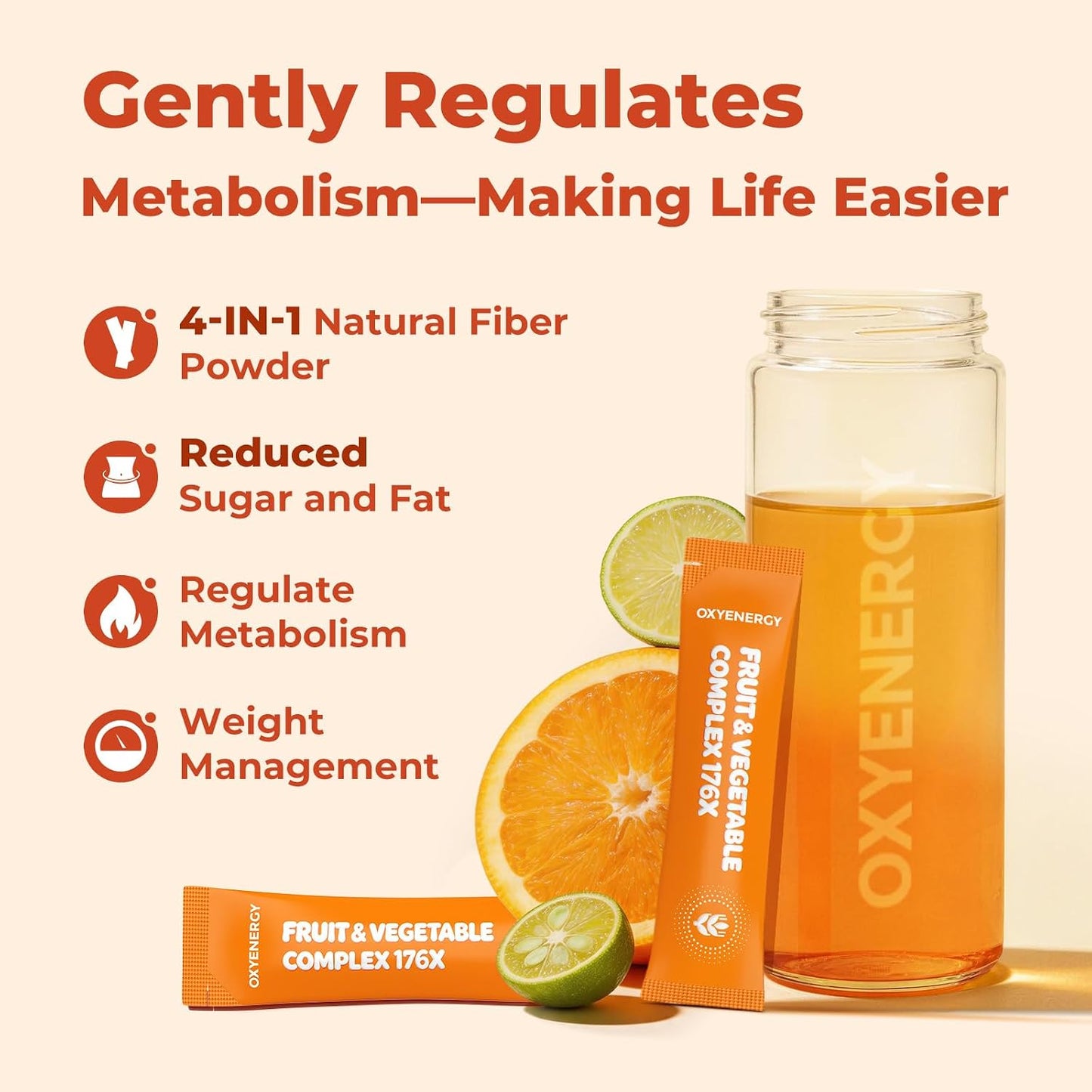 OxyEnergy Fiber Supplement Powder for Women & Men - Fruit and Vegetable Complex Daily Fiber, Weight Loss & Gut Health, Prebiotics & Digestive & Relieve Bloating, Orange Flavored Drink Mix, 30 Packets