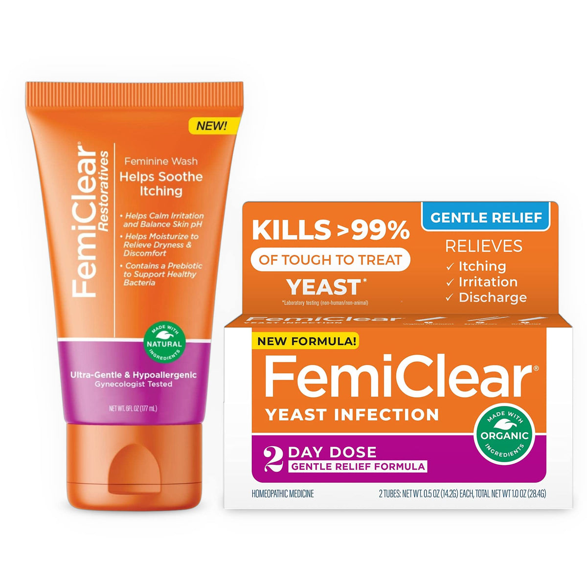 FemiClear 2-Day Dose Yeast Infection Product for Women Feminine Wash, Gentle Relief Formula Infection