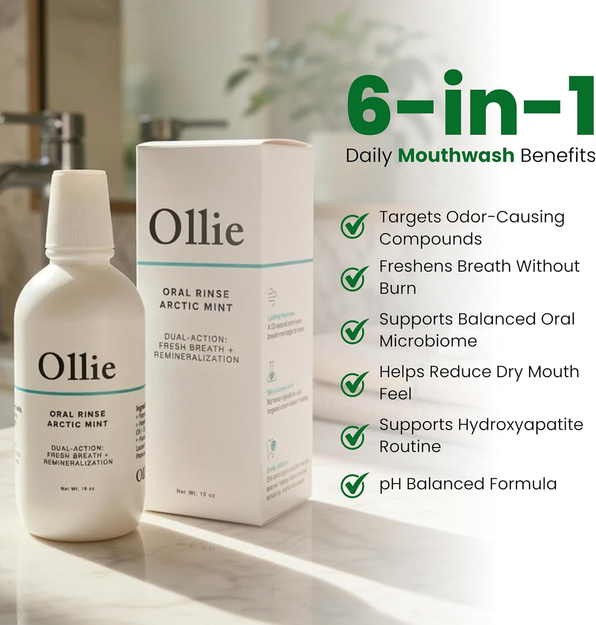 Ollie Arctic Mint Mouthwash, with 3% Hydroxyapatite, Alcohol-Free, 1 Pack