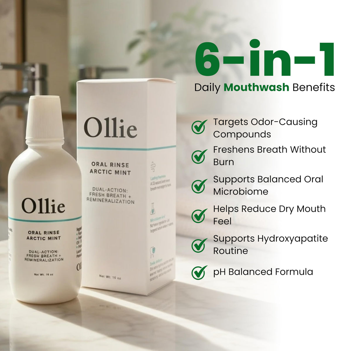 Ollie Arctic Mint Mouthwash, with 3% Hydroxyapatite, Alcohol-Free, 1 Pack