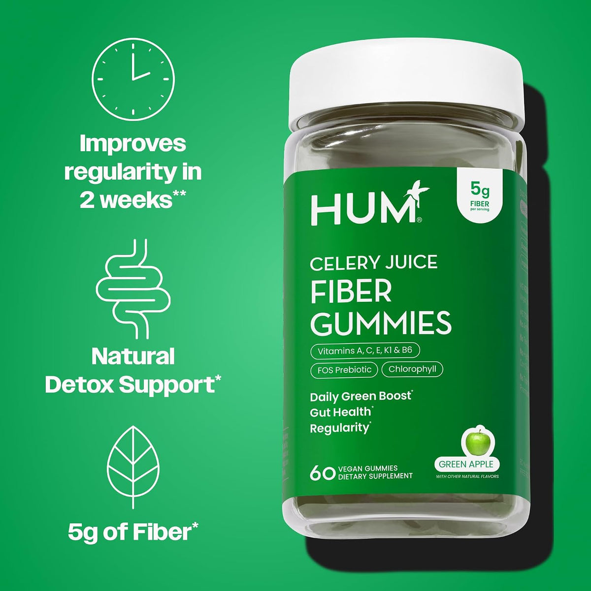HUM Celery Juice Fiber Gummies Prebiotic Chlorophyll Gut Health, 60 Count