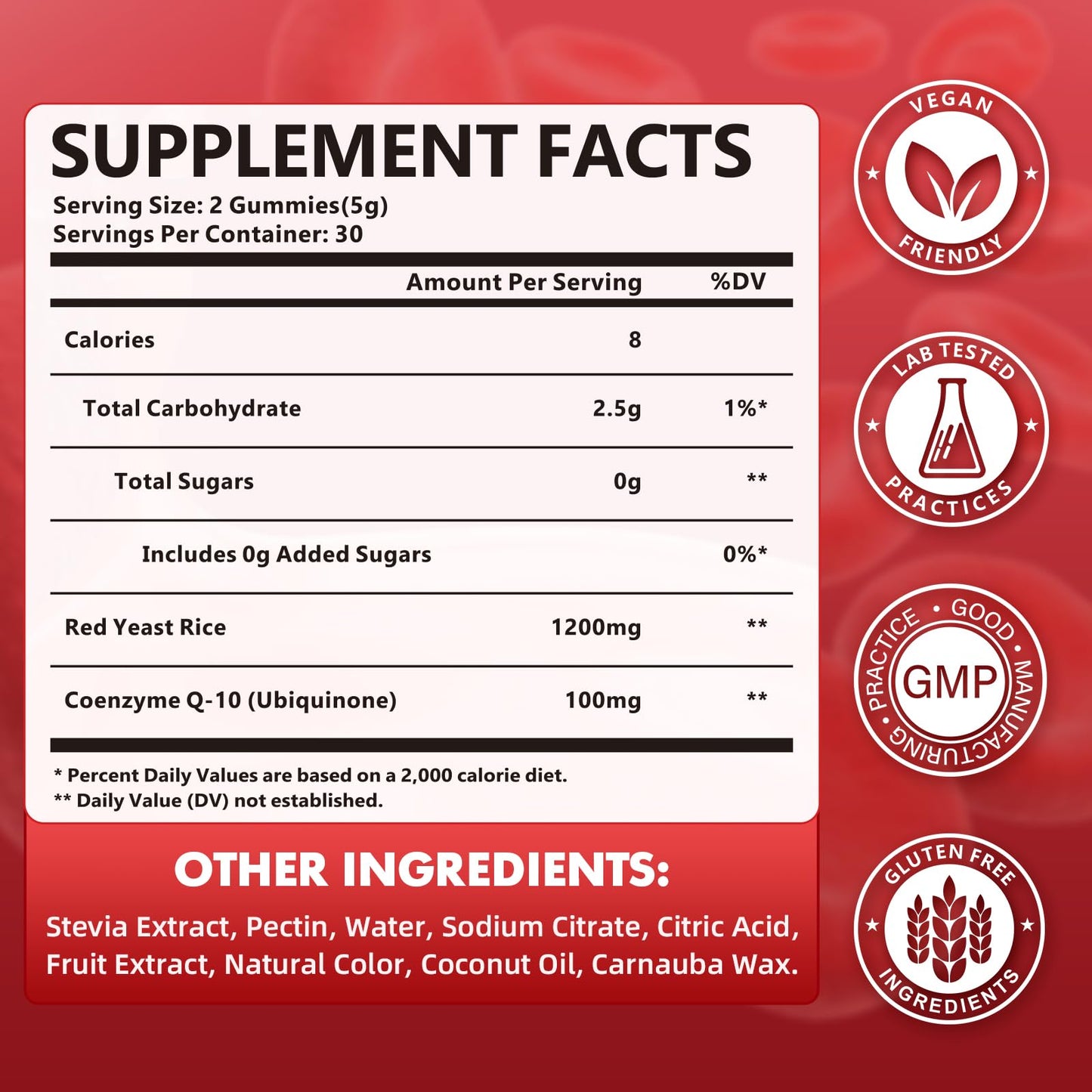 Red Yeast Rice Gummies 1200mg with CoQ10 100mg, Red Yeast Rice Supplement | Supports Cellular Energy Production and Natural Antioxidant Defense, Vegan, Gluten-Free, Strawberry Flavor, 60 Count