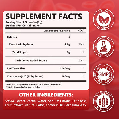 Red Yeast Rice Gummies 1200mg with CoQ10 100mg, Red Yeast Rice Supplement | Supports Cellular Energy Production and Natural Antioxidant Defense, Vegan, Gluten-Free, Strawberry Flavor, 60 Count