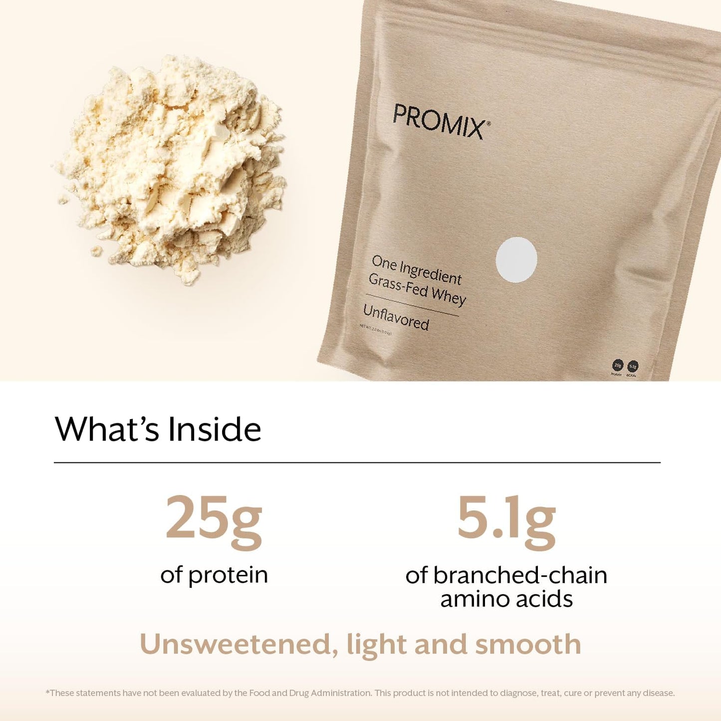 ProMix Nutrition Whey Protein Powder, Grass Fed, Unsweetened, Hormone Free - 25g Protein per Serving, Sugar Free, Soy Free, Unflavored - 32 Servings