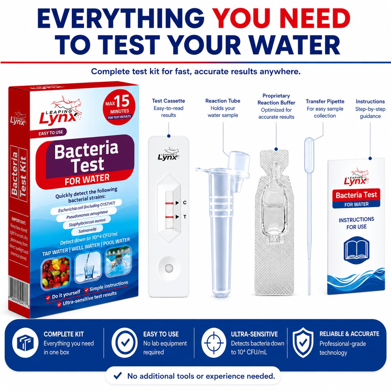 Bacteria Water Test Kit – Coliform, E. coli Detection for Well & Tap Water | Rapid Home Drinking Water Screening Kit with Lab-Quality Results | Leaping Lynx