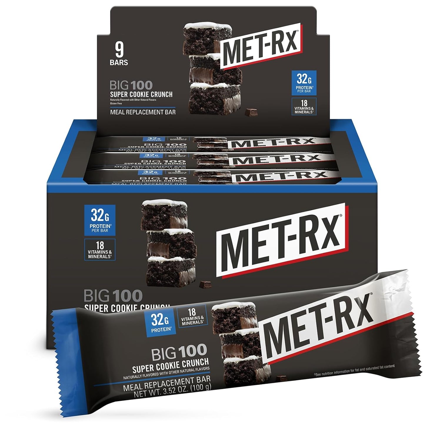MET-Rx Big 100 Protein Bar, Super Cookie Crunch, 32g Protein, 9 Ct | Great as Healthy Meal Replacement, Snack, and Help Support Energy, With Vitamin A, Vitamin C, and Zinc