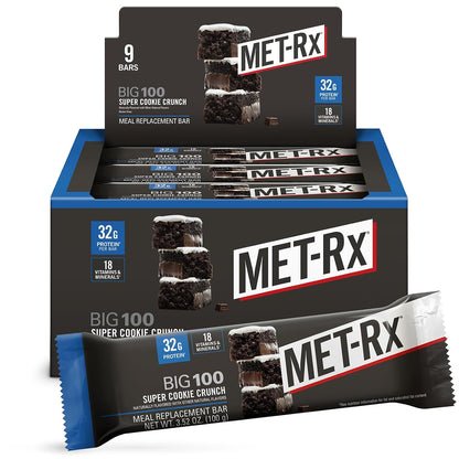 MET-Rx Big 100 Protein Bar, Super Cookie Crunch, 32g Protein, 9 Ct | Great as Healthy Meal Replacement, Snack, and Help Support Energy, With Vitamin A, Vitamin C, and Zinc