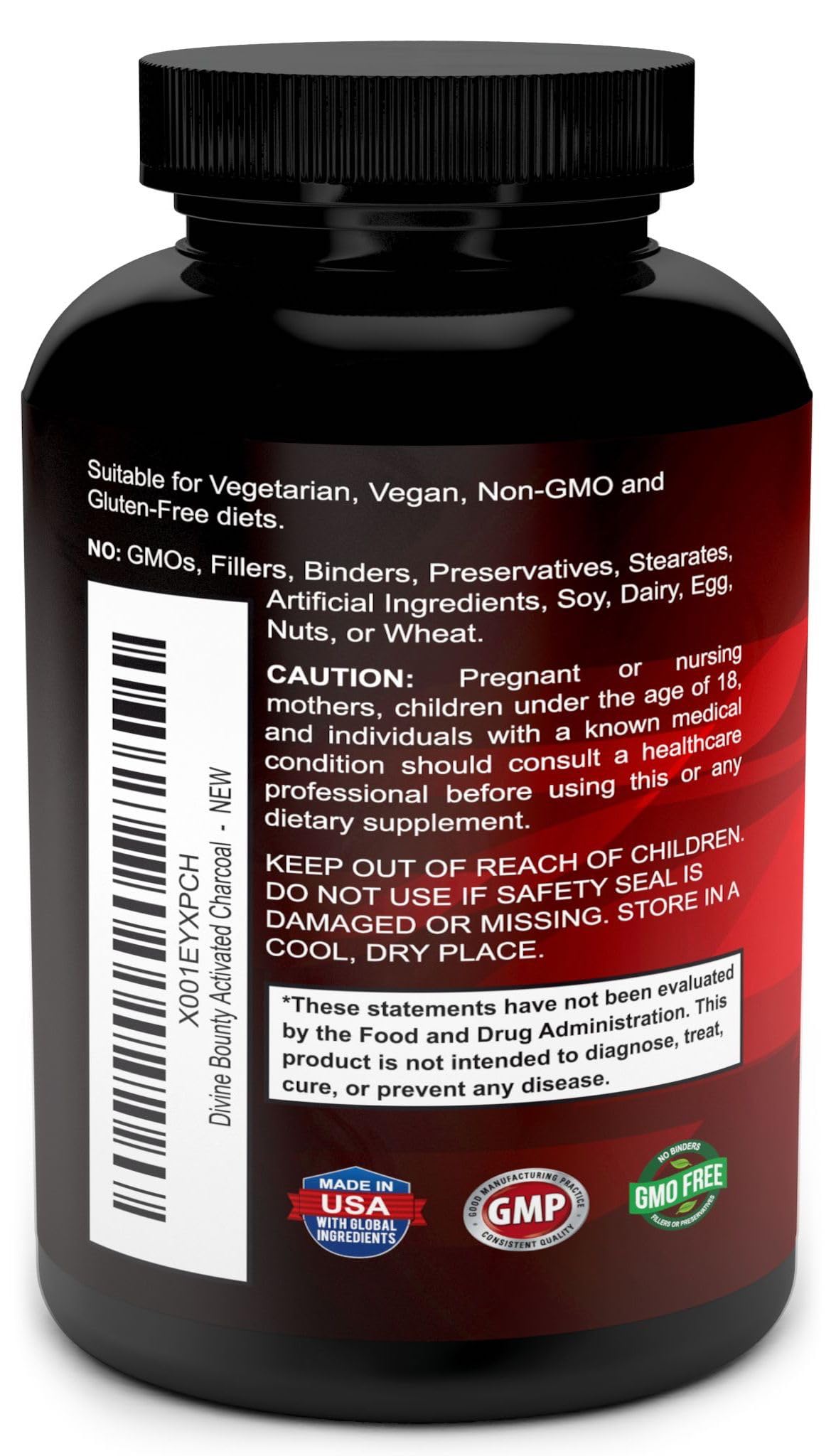 Divine Bounty Organic Activated Charcoal Capsules - 600mg Coconut Charcoal Pills