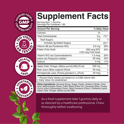Apple Cider Vinegar Gummies with Mother - Cleanse & Detox ACV Gummies for Weight Loss, Gut Health, Bloating, Metabolism & Energy Support - ACV with Mother with B12 Vitamin, B6 & Pomegranate - 60 Ct