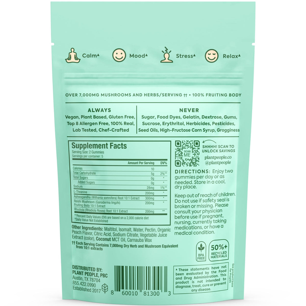 Plant People WonderCalm Mushroom & Ashwagandha Gummies, Peach Flavor 60ct