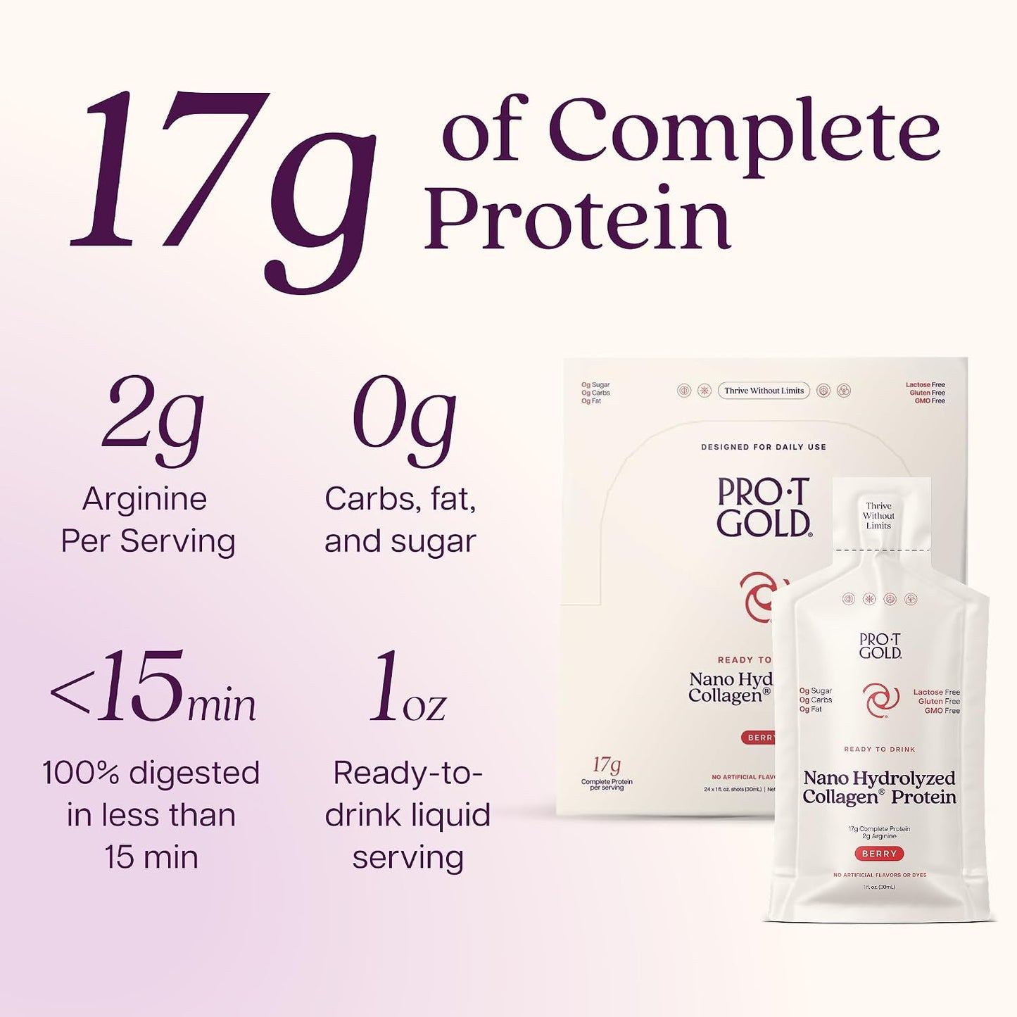 Liquid Collagen Protein Shot, Berry, 17g Protein, 24 pk | Nano Hydrolyzed Grass Fed Collagen, 0g Carbs, Hair, Skin & Nails, Amino Acids, Sugar Free, Gluten Free, 1 fl oz Shots