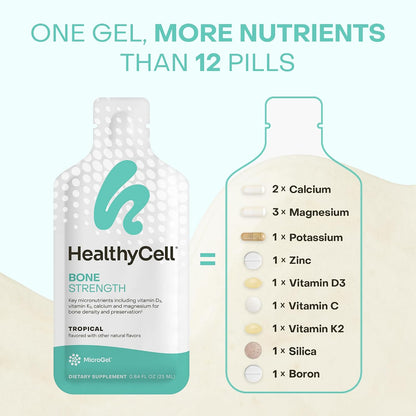 Healthycell Bone Strength Liquid Supplement - 30 Gel Packs, Tropical Flavor | Bone Health Supplement with Calcium, Magnesium, Vitamin D3 & Vitamin K2 for Bone Density & Preservation