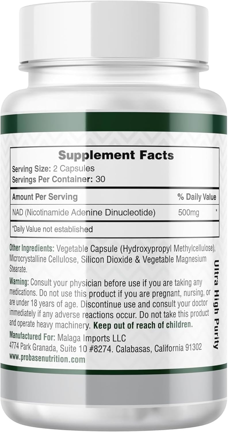 Probase Nutrition NAD Supplement 500mg High Potency 30 Day Supply NAD Maximizer Similar to Nicotinamide Riboside Vegan Non GMO Third Party Tested