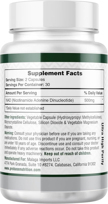 Probase Nutrition NAD Supplement 500mg High Potency 30 Day Supply NAD Maximizer Similar to Nicotinamide Riboside Vegan Non GMO Third Party Tested