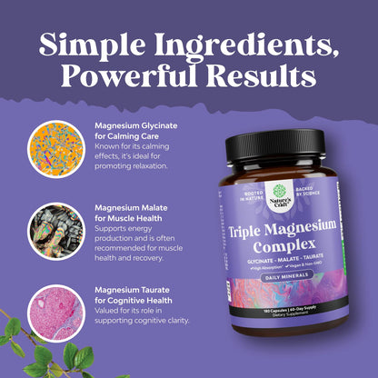 Triple Magnesium Complex Supplement - High Absorption Magnesium Glycinate, Malate & Taurate Blend for Muscles Energy Support & Heart Health - Triple Mg Complex 400 mg Capsules - 180 Count
