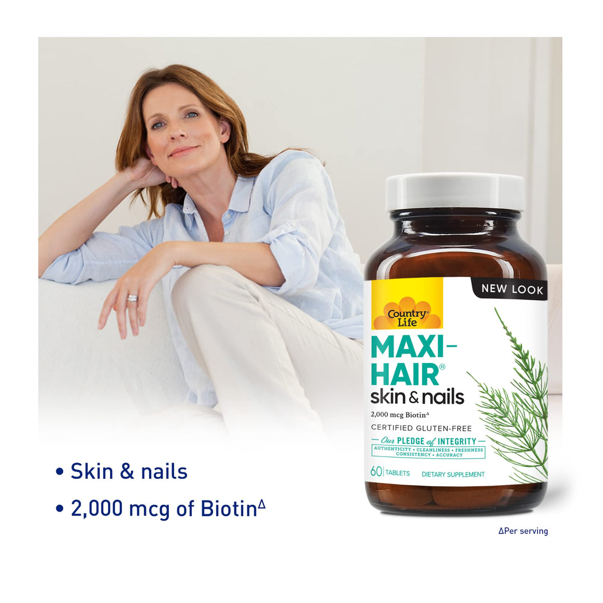 Country Life Maxi-Hair with 2000mcg of Biotin, Nourishes Hair, Skin and Nails 60 Tablets